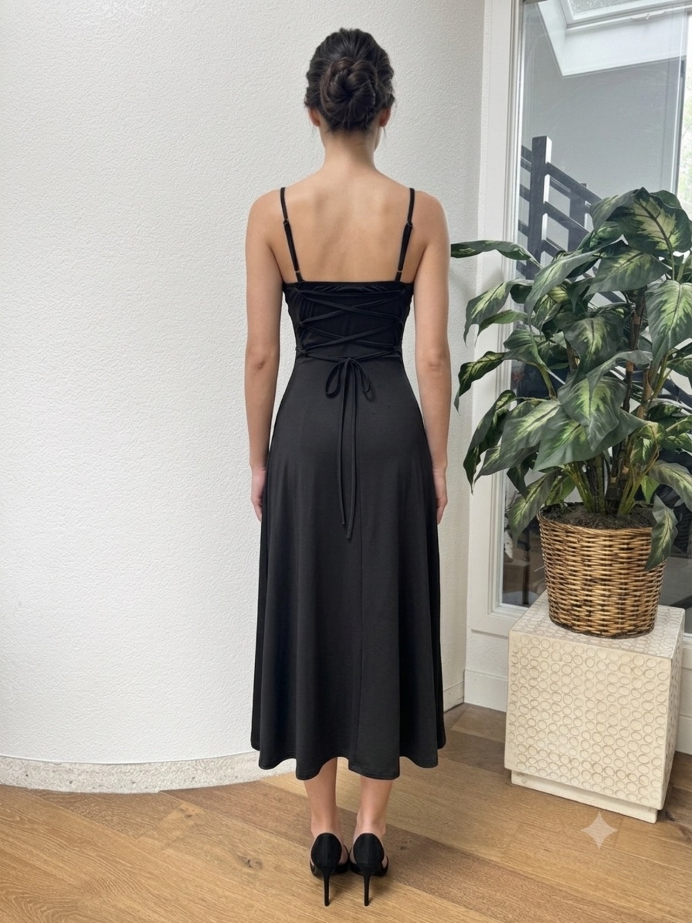 Cider Goth Witchy Alternative Black Lace-Up Back Spaghetti Strap Midi Dress XS S